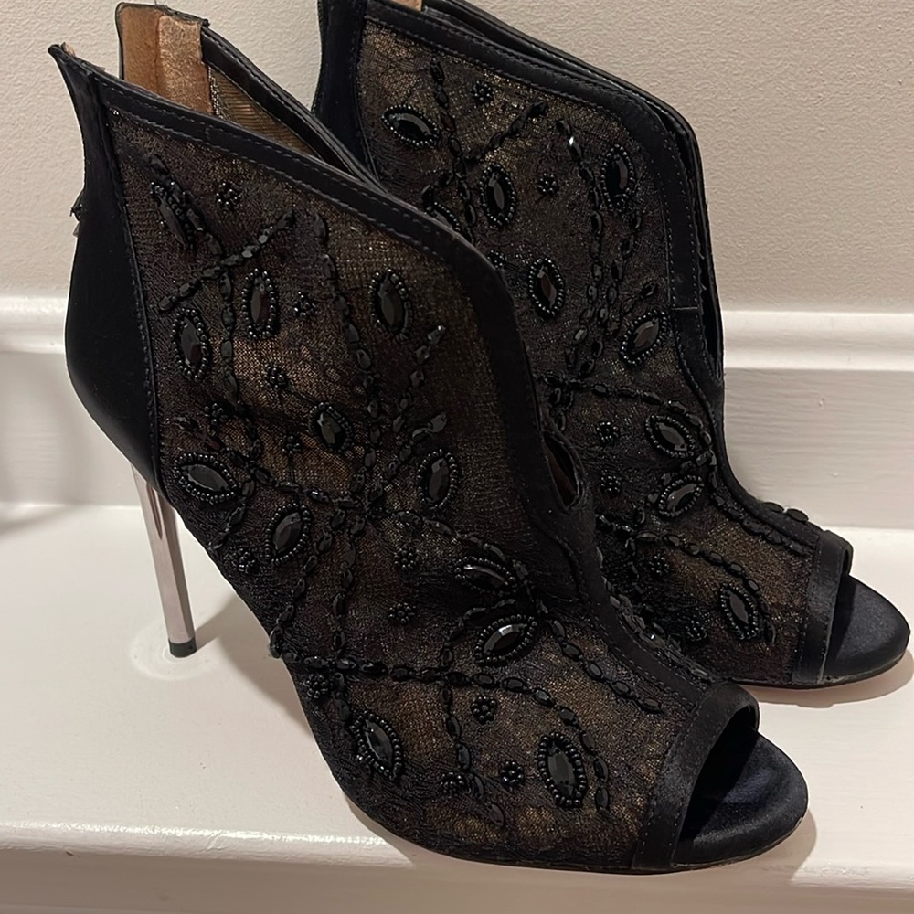 Max Azria black booties with silver heel